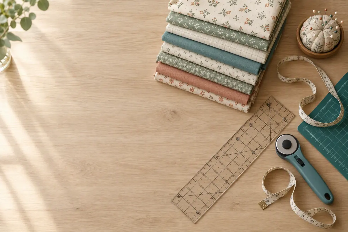 Quilting fabrics, a clear ruler and a rotary cutter laid out on a wooden worktable