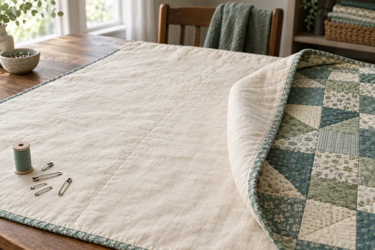 The cream pieced backing of a quilt with one straight seam, folded back to show the patchwork front