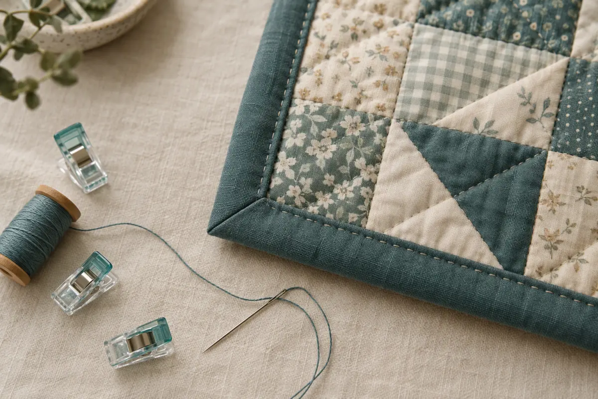 Corner of a patchwork quilt with a mitred teal binding, beside a needle, thread and binding clips